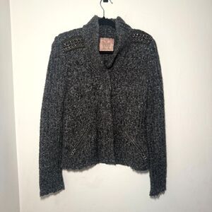 Culture Calvari Knit‎ Cardigan Beaded Shoulder Detail Military Zippers S
